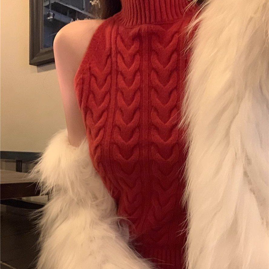 

Винтажный вязаный свитер-жилет с высоким воротником и узором «косы», нишевый, уникальный, облегающий, короткий, без рукавов, базовый топ L красный