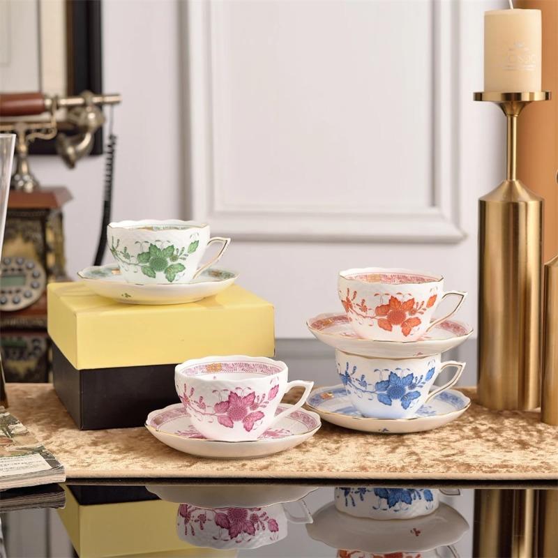Creative Afternoon Tea Coffee Cup And Saucer Flower And Bird Printing Black Tea Cup Set Kitchen Supplies Cup And Saucer Gift