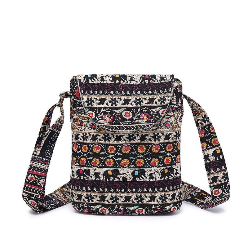 Ethnic Style Crossbody Bag Vintage Floral Bucket Bag Women'S Canvas Fabric Flap Purse 2025 Winter Street Casual Small Shoulder Bags