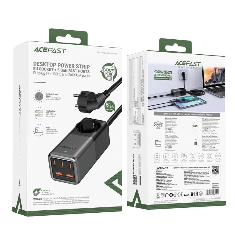 Ładowarka Biurkowa Acefast Z2 Gan 75W Pd 3X Usb-C 2X Usb-A - Czarno-Szara