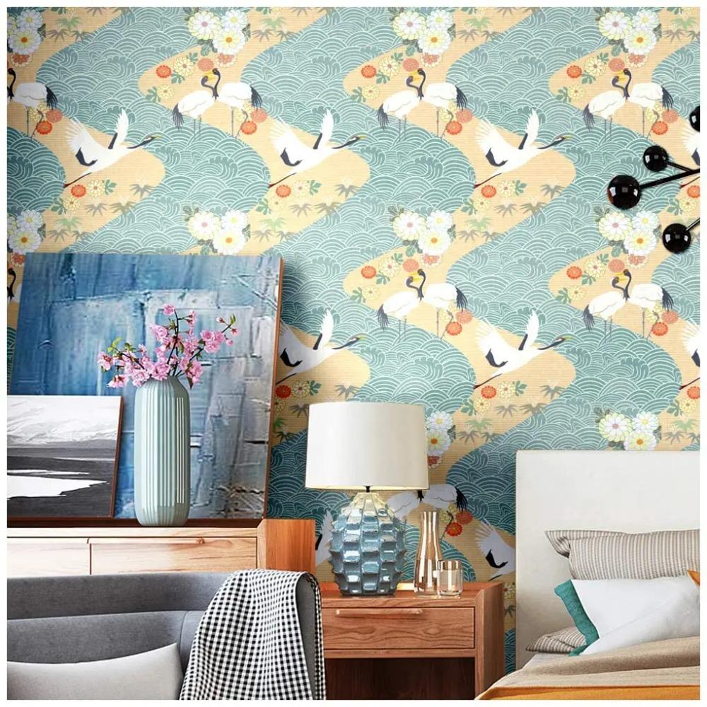 Daisy Crane Blue Waves Peel and Stick Removable Wall Mural Self-Adhesive Prepasted Wallpaper for Bedroom Home Decor Handpainting