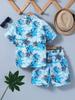 2-Piece Set for Boys' Casual Coconut Leaf Pattern Short-Sleeve Collared Shirt Jacket and Matching Shorts - Hawaii Aloha Shirt Spring/Summer Collection