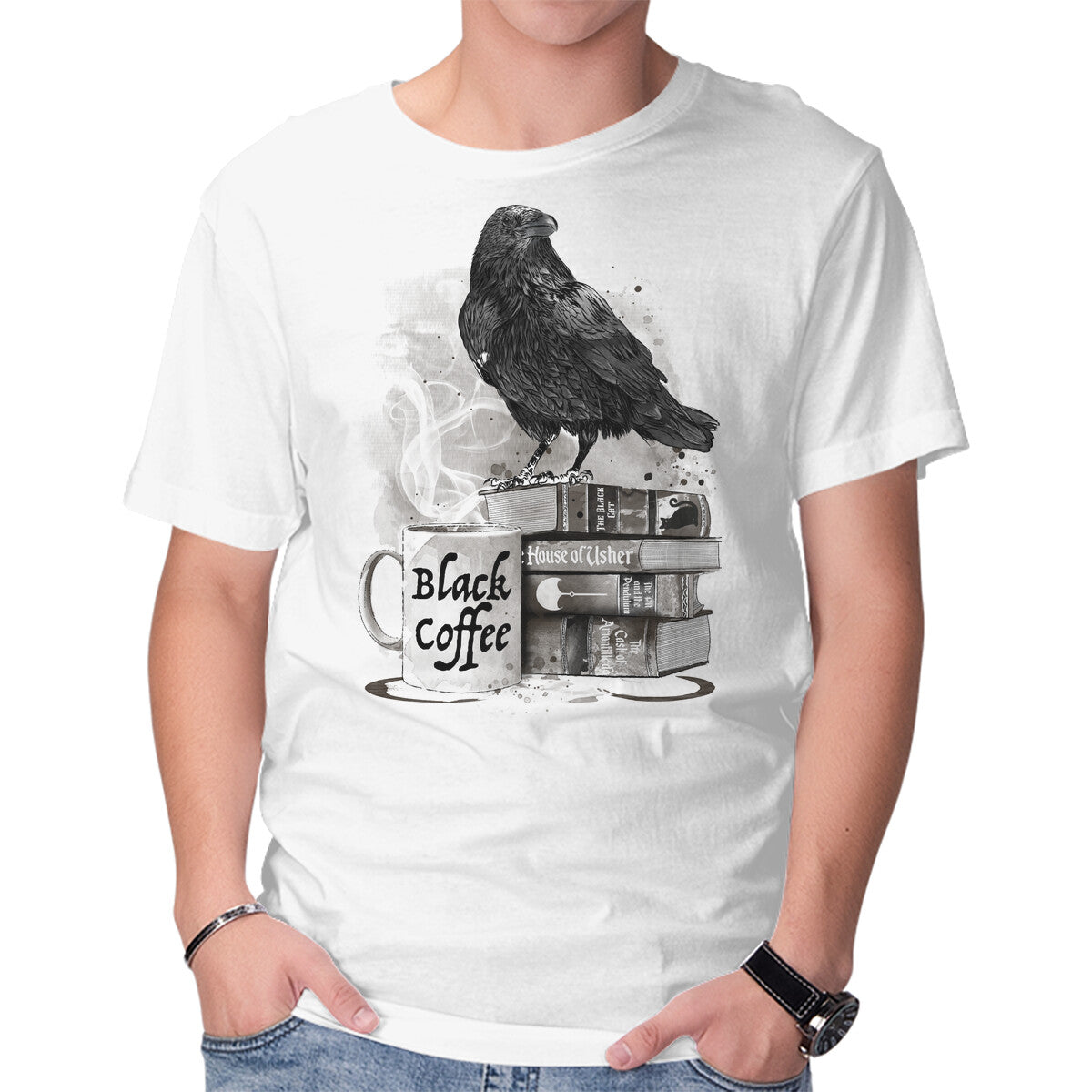 Unisex Crew Neck T-Shirt Coffee, Raven And Poe Graphic Short Sleeve Casual Tee S