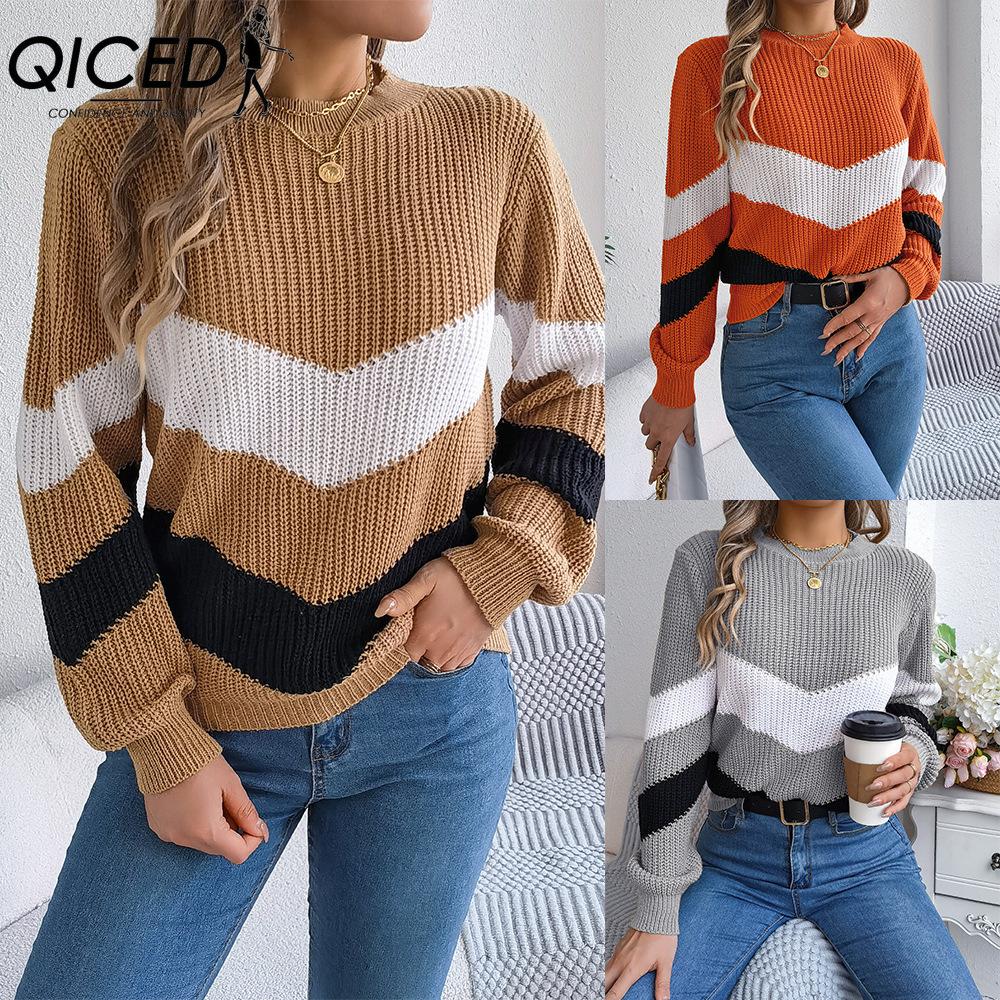 QICED Autumn and Winter Casual Color-blocking Lantern Long-sleeved Pullover Sweater Women's Wear