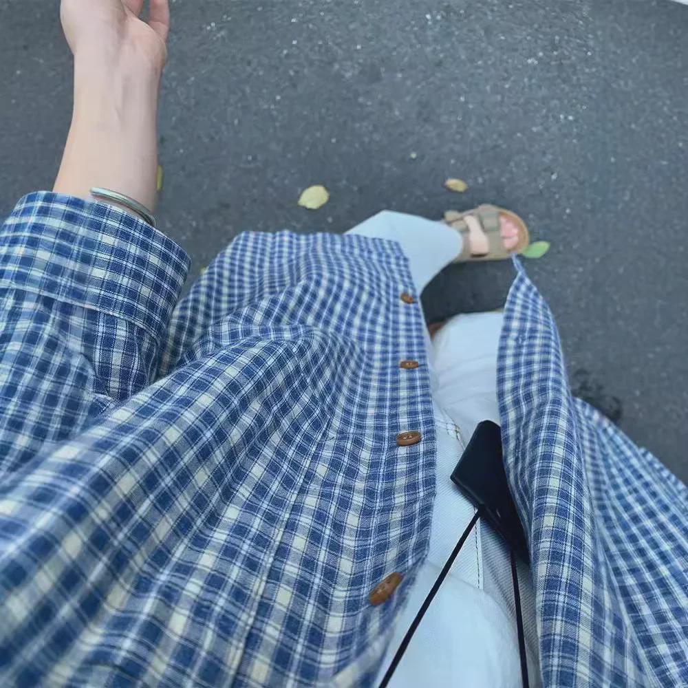 Women's Blue Plaid Shirt Jacket - Korean Autumn Style Loose Casual Cardigan Top