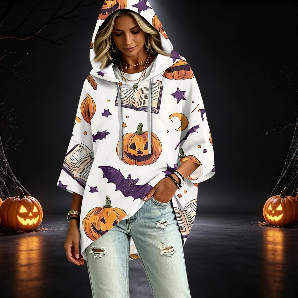 Women's Three-Quarter Sleeve Hoodie with Halloween Print Pullover Top