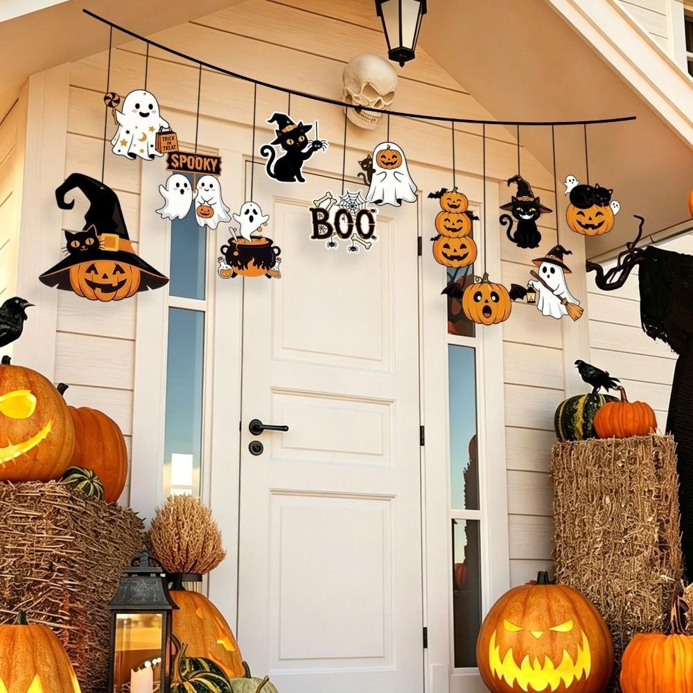 Cute Halloween Paper Hanging Ornament Cat Pumpkin Pendant Creative Ghost Ornament Yard Decor