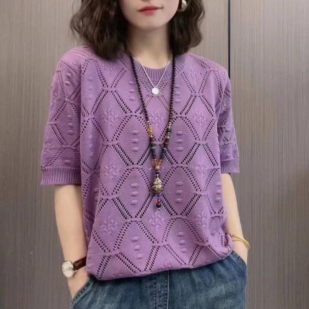 Spring and Summer Hollow Loose Knitted Top for Women Round Neck Casual Short Sleeve T-shirt for Women