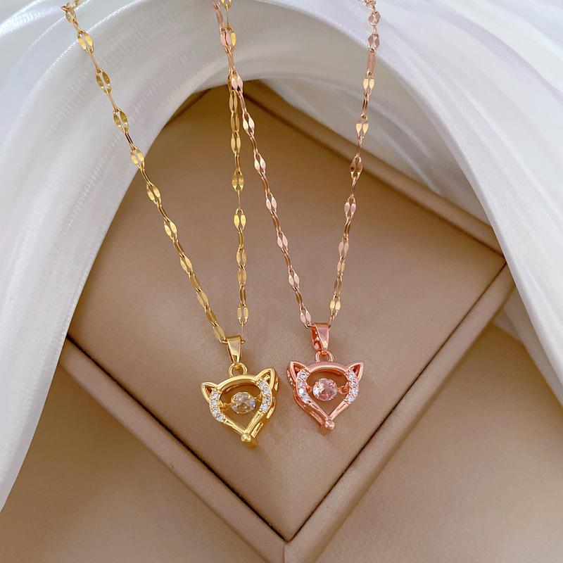 Cute Fox Smart Light Luxury Temperament Gorgeous Full Diamond Necklace Female Versatile Collarbone Chain Titanium Steel Chain