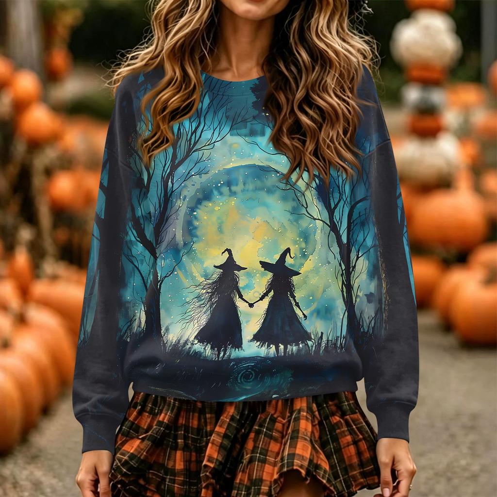 Women's Halloween Print Neck Pullover Sweatshirt, Long Sleeve Casual Fashion Top