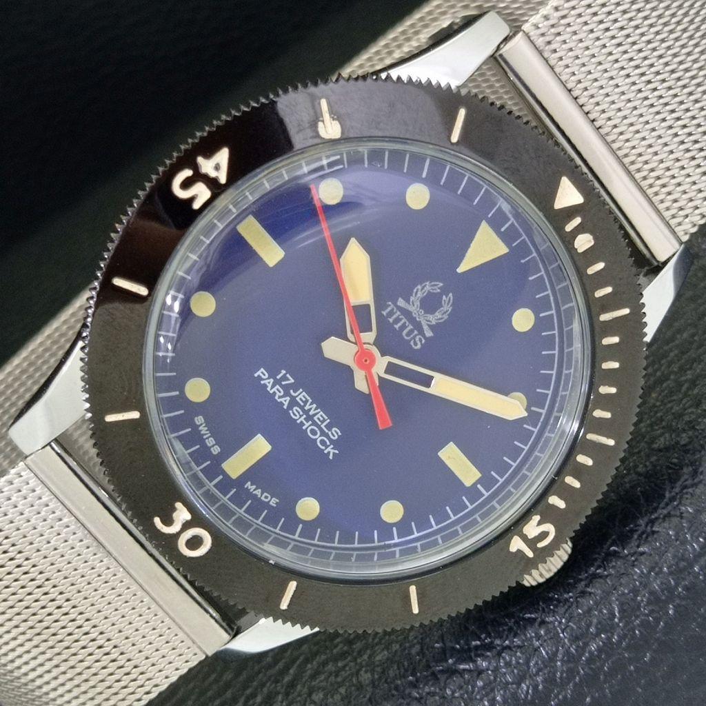 

HAND-WINDING VINTAGE TITUS SWISS MENS TURNABLE BEZEL BLUE DIAL WATCH a700024-5 R201-a700024