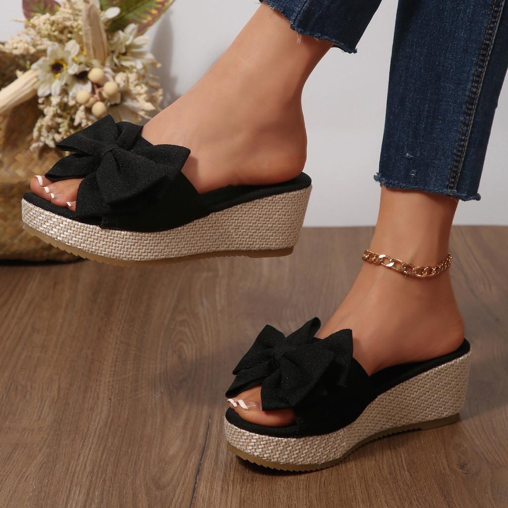 Summer Butterfly Bow Platform Slides With Rubber Sole For Womens Casual Comfort