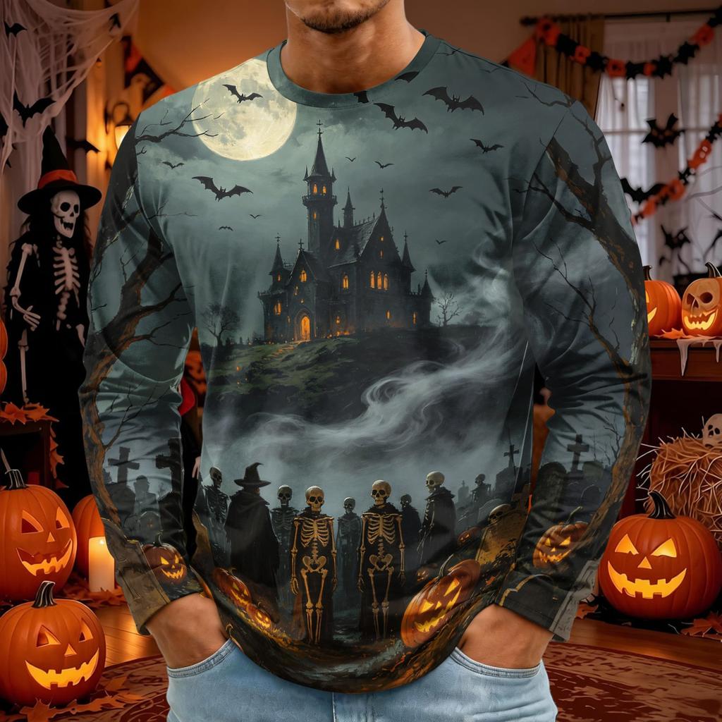 Men's Halloween Printed Long Sleeve Neck T-Shirt for Costume Party