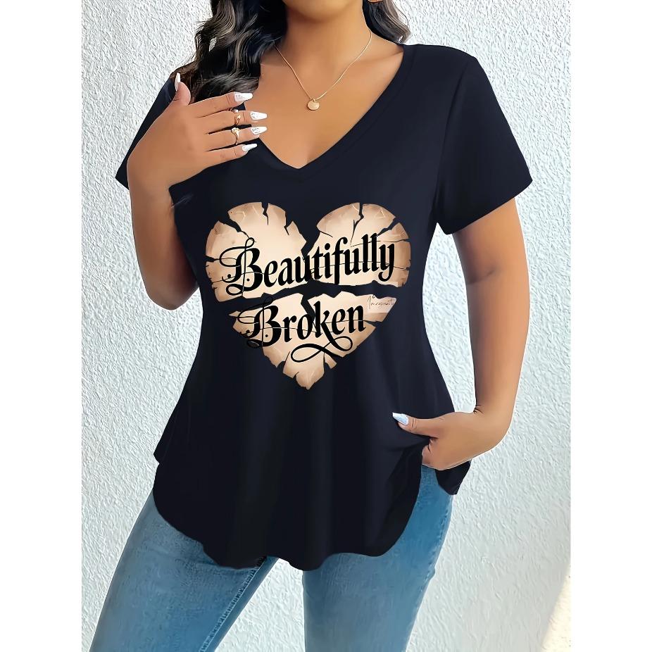

Women S Plus Size Elegant V-Neck T-Shirt - Short Sleeve, Comfortable Print Top for Spring/Summer Beautifully Broken Heart Design, Casual Wear XL