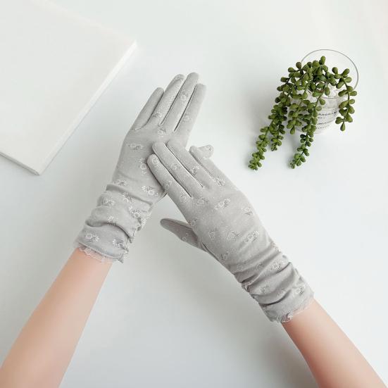 1 Pair Floral Print Anti-slip Palm Driving Gloves Full Finger Lace Stitching Wrist Extended Girls Outdoor Riding Sunscreen Mittens Cycling Accessories