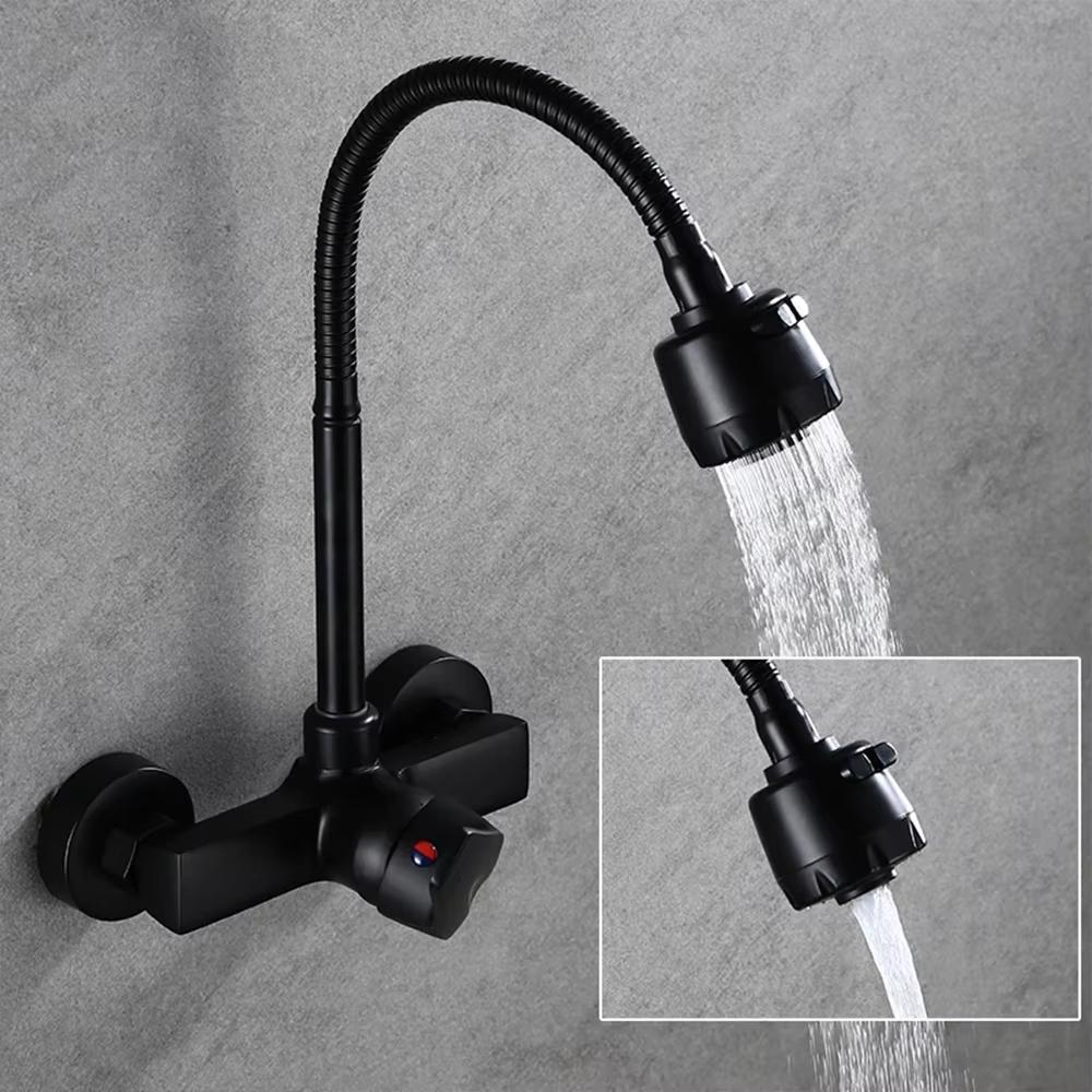 Black/Brushed Wall Mount 2 Function 360 Degree Rotating Kitchen Faucet Hot and Cold Water Sink Faucet Sprayer Faucet