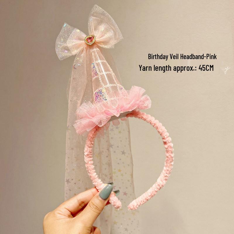 Birthday Hat with Veil Headband for Girls - Party Headwear and Photo Props