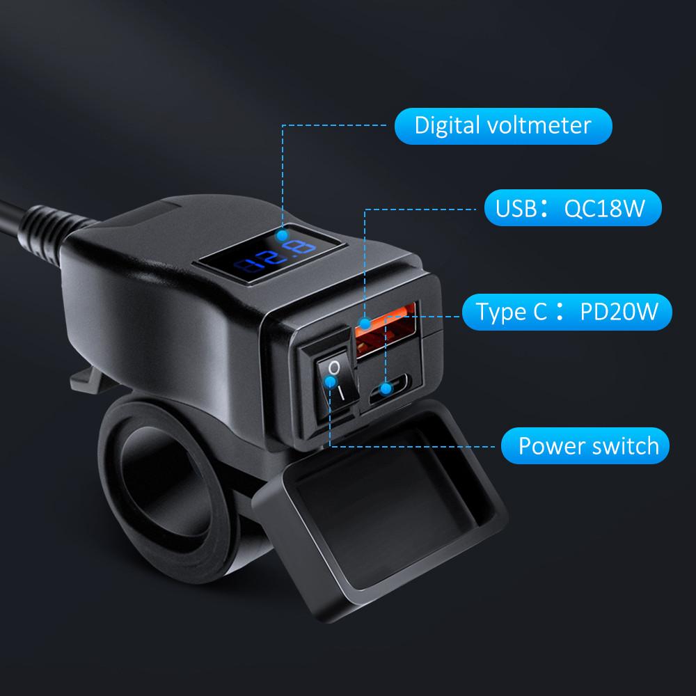 Motorcycle Battery Monitor USB Charger 6V-30V LED Voltmeter QC3.0 PD20W Safety
