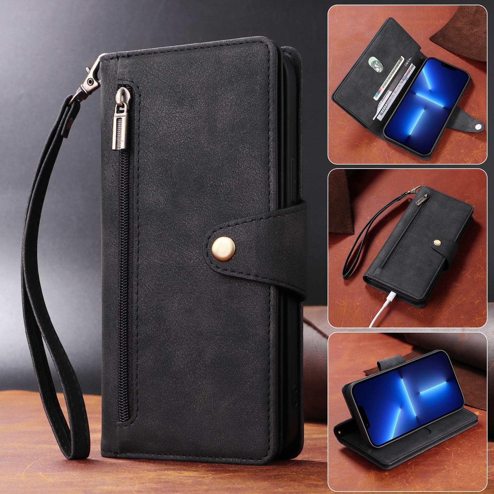 

Роскошный чехол из искусственной кожи с держателем для кредитов, откидная крышка, карман на молнии, подставка с ремешком для iPhone, Samsung OnePlus Google iPhone 13 чёрный