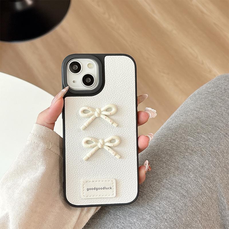 

Apple 16 Leather Solid Color Mobile Phone Case Simple Application Iphone15Promax Bow 17 Women S Internet Celebrity 14 iPhone X/XS