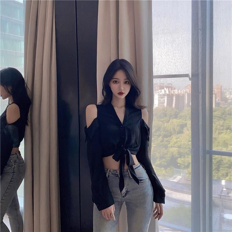 WTEMPO Off Shoulder Women Shirt Sexy V-neck Short French Style Chic Long Sleeve Shirt StreetWear Casual Top Blouse Women