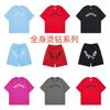 Unisex Streetwear Sparkly Rhinestone Letter Print Short Sleeve Tee Shorts Set Casual Outfit