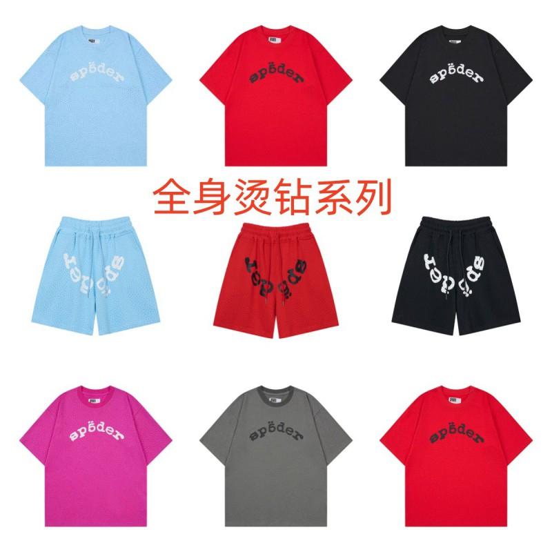 Unisex Streetwear Sparkly Rhinestone Letter Print Short Sleeve Tee Shorts Set Casual Outfit