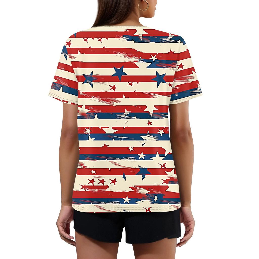 Women's T Shirt Independence Day Print Button Short Sleeve Daily Weekend Fashion Basic V- Neck Regular Top