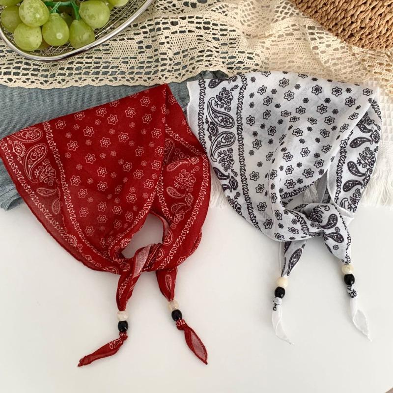 New high-end bohemian retro floral wood bead silk scarf women's tie headband small scarf belt accessories