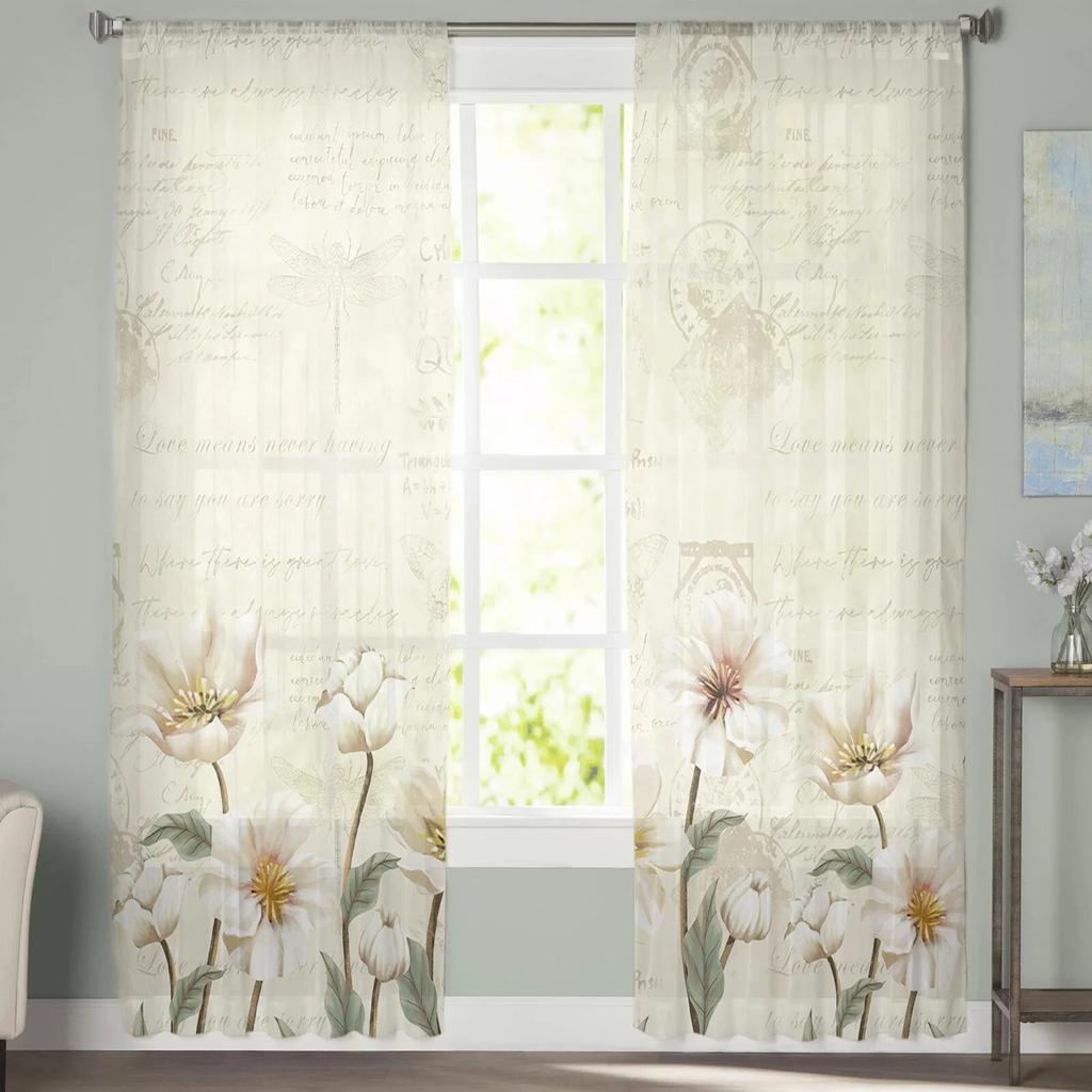 Rustic Vintage Tulips Flowers Sheer Voile Window Curtains Tulle Curtains Living Room Balcony Decoration Drapes