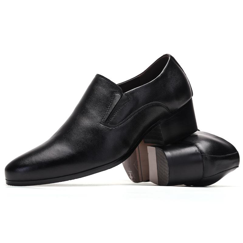6-8cm Height Increasing Men Dress Shoes, Slip On Pointed Toe Cowhide Leather Oxfords, Classic Formal Business Black Shoes