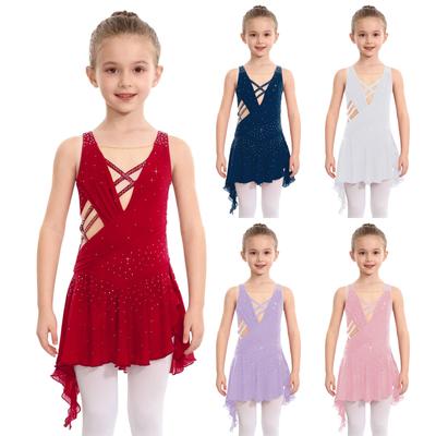 Girls Rhinestone Dance Dress Sleeveless Crisscross Side Slit Asymmetrical Hem Costume