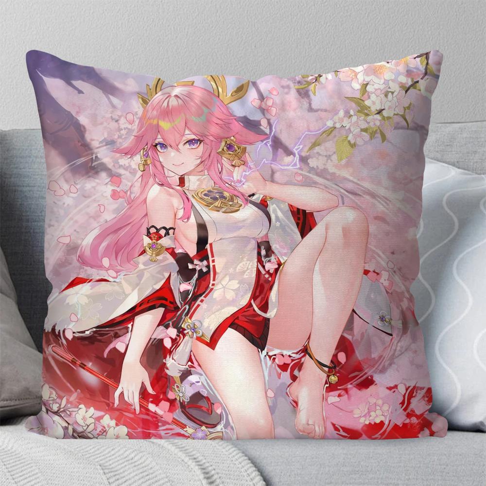 Yae Miko Animation Game G-Genshin I-Impact Pillow Case Square Pillow Bedroom Sofa Leisure Car Living Room Home Decoration 40X40