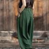 Johnature Women Vintage Bloomers Pants Solid Color Loose Trousers Autumn Pockets Patchwork Long Pants