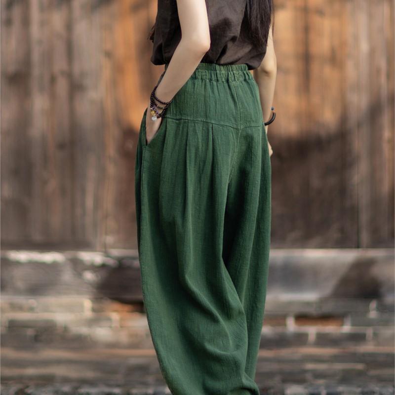 Johnature Women Vintage Bloomers Pants Solid Color Loose Trousers Autumn Pockets Patchwork Long Pants