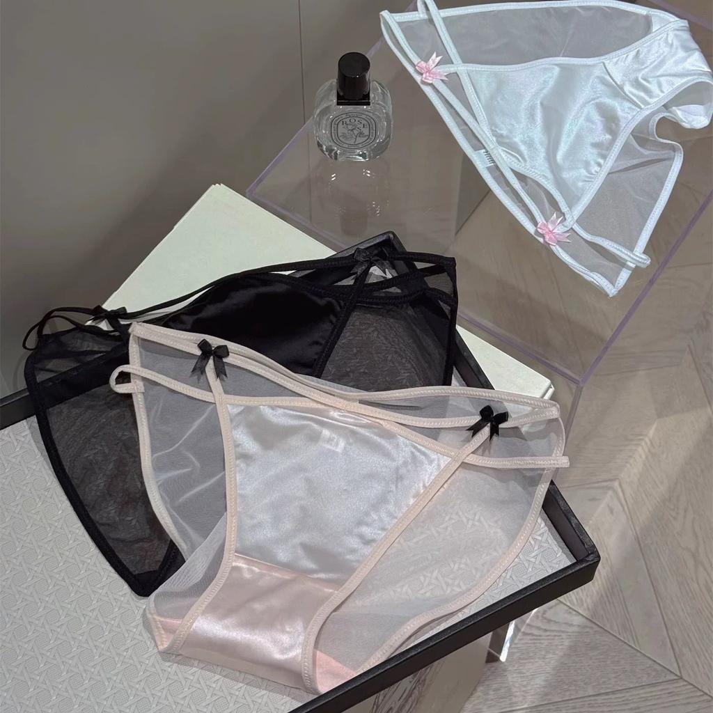 Ladies Summer Cute Lace Mesh Bow Soft Low Waist Triangle Panties