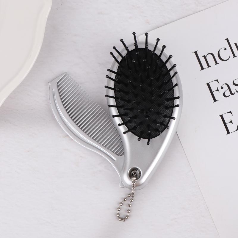 3-In-1 Portable Hair Brush With Mirror And Flat Top Comb Foldable Dual-Use Massage Feature Trendy Air Cushion Comb