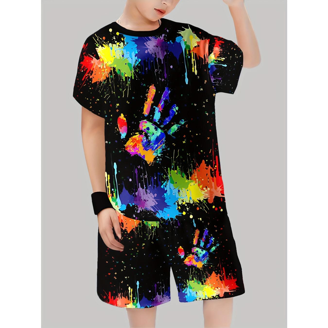 

Комплект для мальчиков: модный повседневный пуловер с 3D-принтом, шорты с коротким рукавом, спортивная футболка, комплект шорт и футболки для мальчиков для улицы, идеально подходит для улицы 13-14Y