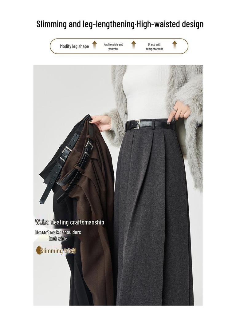 Autumn/Winter 2025 High-Waist Pleated A-Line Skirt - Slimming Woolen Mid-Length for Women