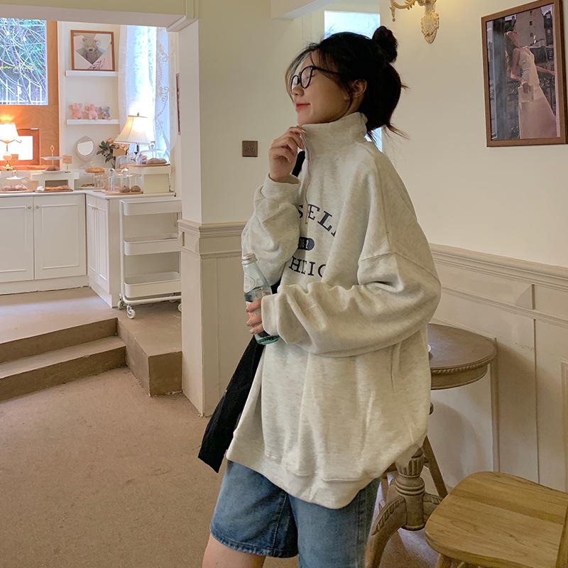 2023 Autumn Winter Velvet Lapel Hoodie: Mid-Length Student Hong Kong Style, Chic Printed Long Sleeve.