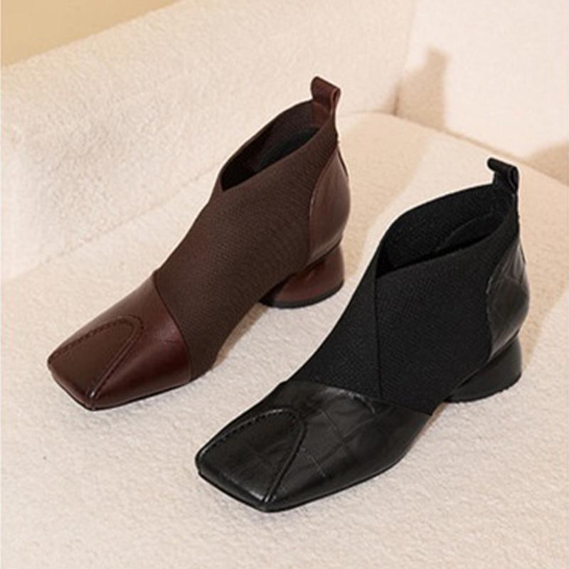 Square Toe Women's Ankle Boots Elegant Designer Mid Heels Shoes  Fashion Party Winter Boots New Walking Knitting Mujer Botas
