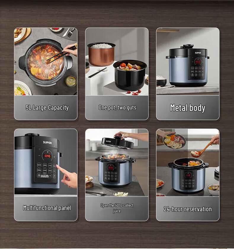 Supor 5L Electric Pressure Cooker: Multifunctional Rice Cooker with Dual Inner Pot and Timer (Model SY-50YC8186).