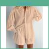 Fall Womens Printed Cotton Blouse And Shorts Set With Pockets For Casual Office Wear