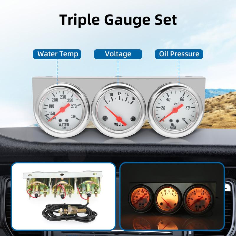 LED Triple Gauge Kit 2" 52mm Water Temperature Gauge+Voltage+Oil Pressure Meter with Sensor for Petrol Racing Car 12V