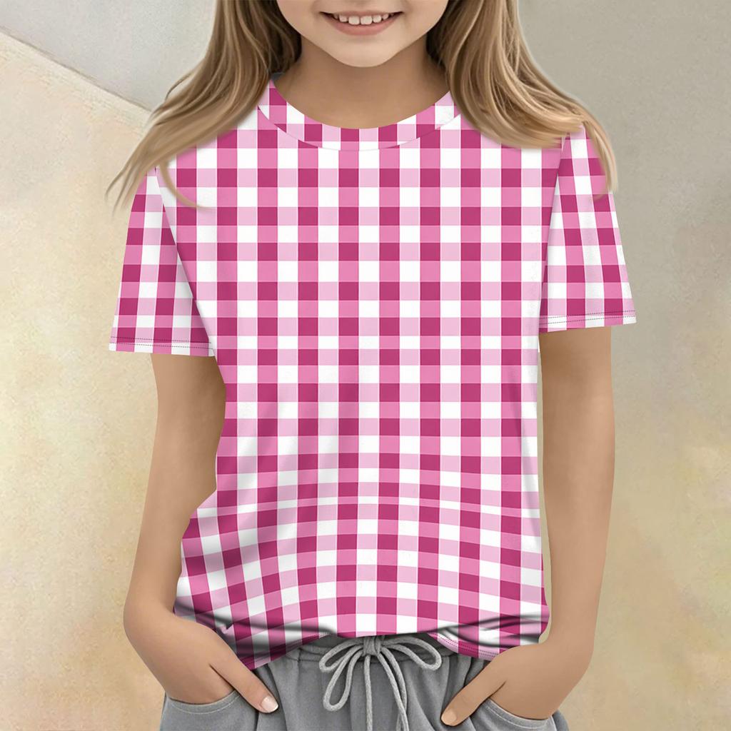 Kids Plaid Print Crew Neck Short Sleeve Casual T Shirt Soft Fabric Lightweight Breathable Fit for Everyday Wear