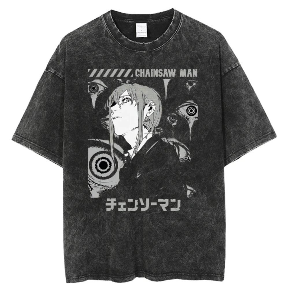 Chainsaw Man Denji Chainsaw Form Blood Splatter Vintage Washed Anime T-Shirt, Unisex Manga Fan Streetwear Tee, 100% Cotton Casual Short Sleeve Top