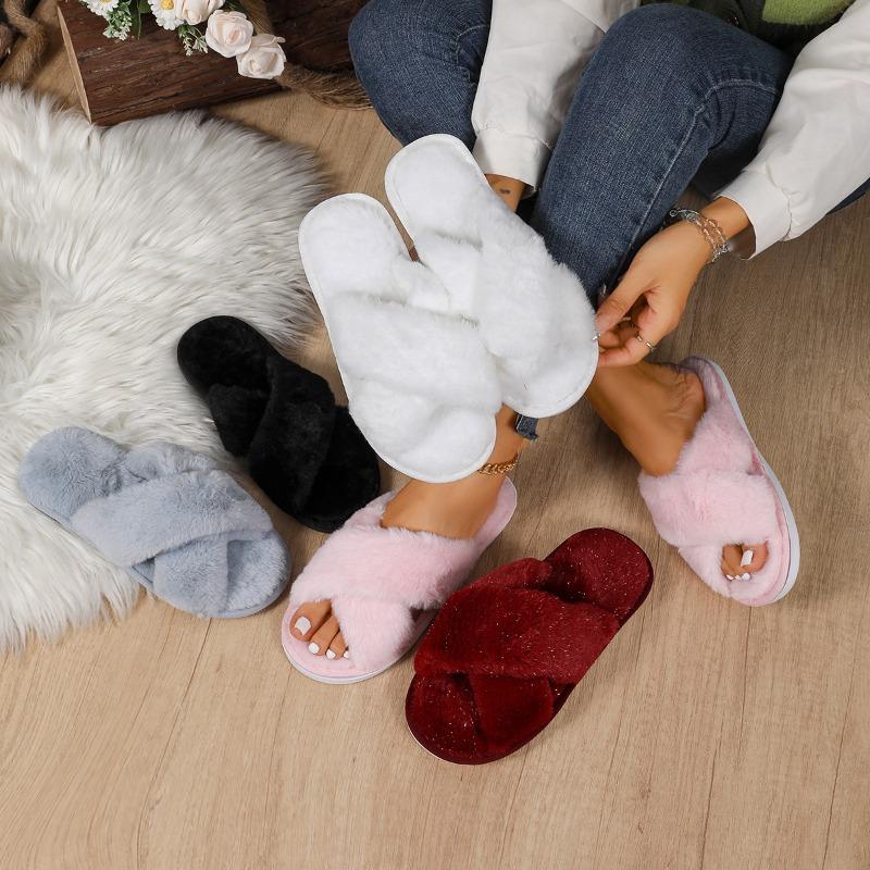 Fall 2025 New Cross-strap Flat Cotton Slippers Women's Plus Size Casual Home Indoor Wool Slippers
