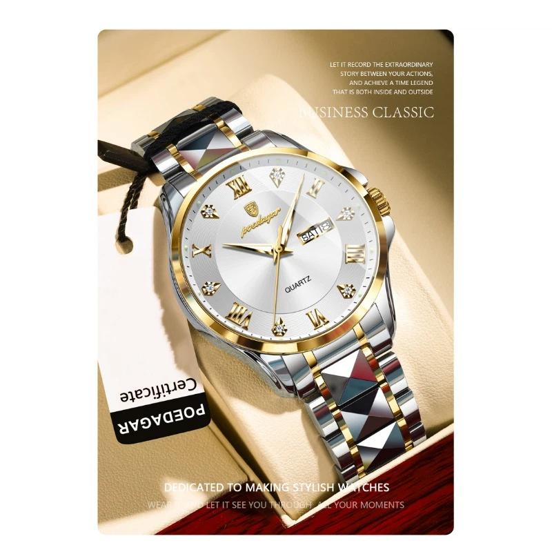 POEDAGAR Fashion Military Men Clock Waterproof Luminous Date Week Man Wristwatch Stainless Steel Quartz Watches Male Reloj