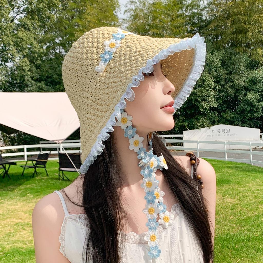 Summer big brim sun hat women's fashion ins seaside sun protection straw hat pastoral pearl face small sun hat