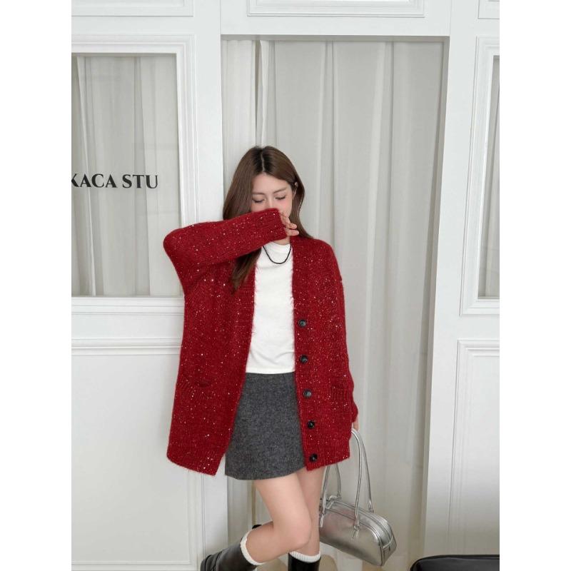 

Осень и зима новый однотонный темпераментный трикотажный кардиган с V-образным вырезом женский свободный ленивый стиль простой универсальный свитер куртка one size fits all бордовый